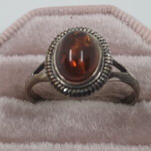 Vintage 925 Sterling Silver Amber Ring, Sz 9 1/2.